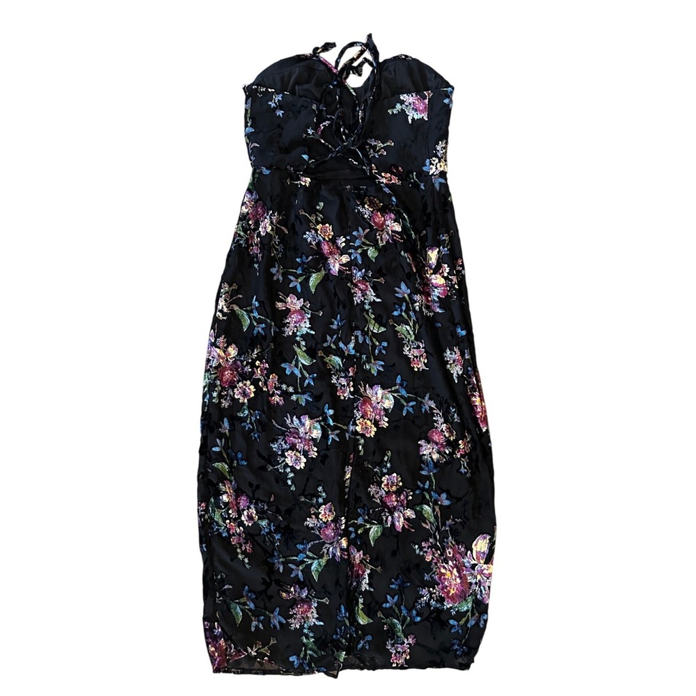 Lulus Black Floral Burnout Velvet Strapless Midi Dress Women's Medium - Picture 3 of 6